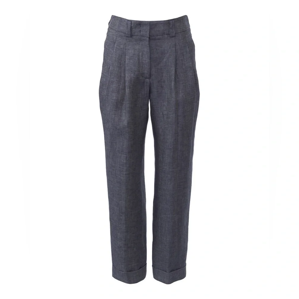 PESERICO Tailored 100% Linen Wide Leg Pleated Cuffed Trousers